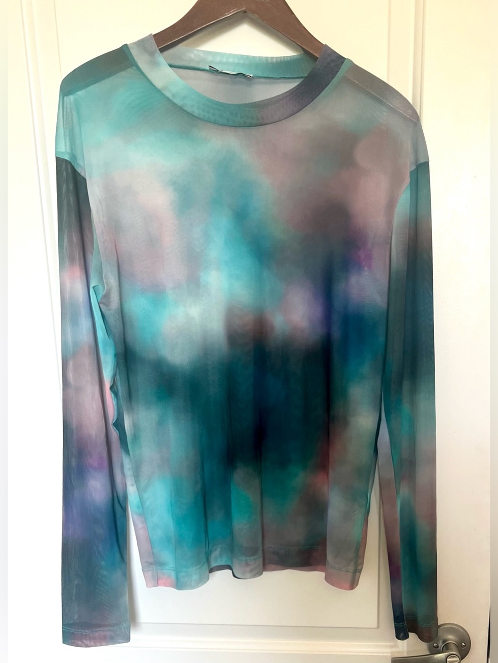 Zara Abstract Watercolor Tie Dye Sheer Mesh Long Sleeve Top Large